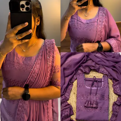 NET EMBROIDERED KURTI WITH DUPATTA  (lavender)  